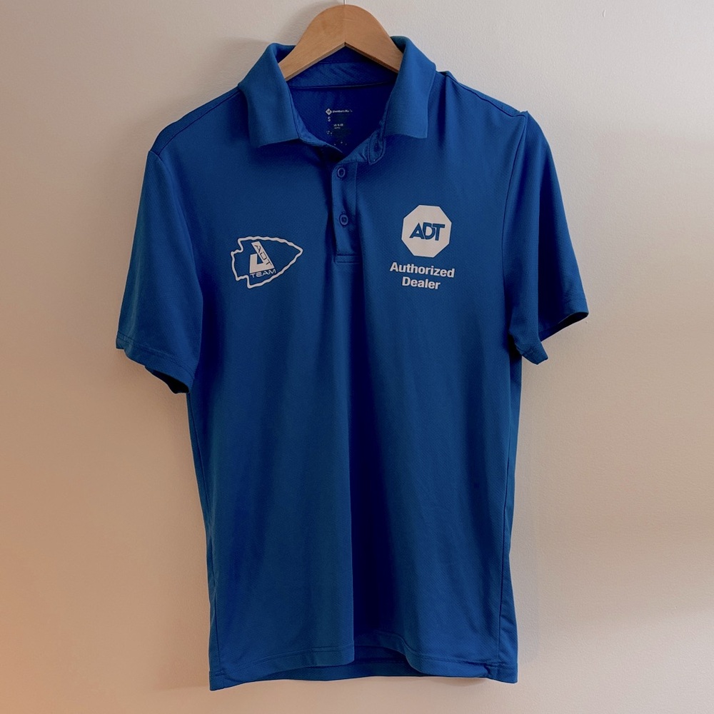 ✅ ADT Security Short Sleeve Polo Collared Shirt Moisture Wicking Bright Blue